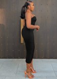 Women Summer Black Sexy Sleeveless Solid Hollow Out Midi Dress