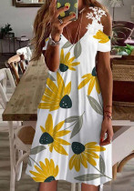 Women Summer Printed Sweet V-neck Short Sleeves Floral Print Dress