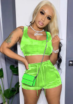Set di pantaloncini corti a due pezzi senza maniche con scollo a U sexy verde estivo da donna
