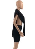 Women Summer Black Casual Turn-down Collar Short Sleeves Solid Button Irregular Two Piece Shorts Set