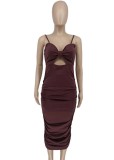 Women Summer Brown Sleeveless Solid Hollow Out Midi Dress