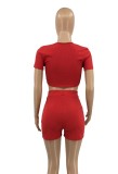 Women Summer Red Sexy V-neck Short Sleeves Crop Top Solid Lace Up Two Piece Shorts Set
