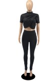 Women Summer Black Sexy Stand Collar Sleeveless Crop Top Solid Two Piece Pants Set