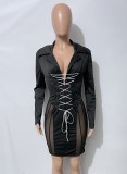 Women Spring Black Sexy V-neck Full Sleeves Solid Bandage Mini Bodycon Dress