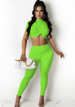 Mujeres Verano Verde Sexy Stand Collar Mangas cortas Crop Top Sólido Conjunto de pantalones de dos piezas