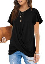 Camiseta larga lisa de manga corta con cuello redondo informal negra de verano para mujer