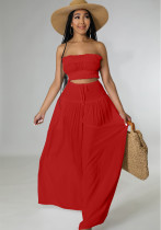 Frauen-Sommer-rotes beiläufiges bauchfreies Oberteil und lockere Hose, zweiteiliges Set