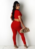 Women Summer Red Sexy Stand Collar Short Sleeves Crop Top Solid Two Piece Pants Set