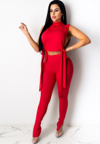 Mujeres Verano Rojo Sexy Stand Collar Sin Mangas Crop Top Sólido Con Cordones Conjunto De Pantalones De Dos Piezas