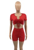 Women Summer Red Sexy V-neck Short Sleeves Crop Top Solid Lace Up Two Piece Shorts Set