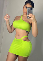 Mujeres verano verde lindo sin mangas Crop Top sólido MiniTwo pieza falda conjunto