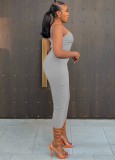 Women Summer Grey Sexy Sleeveless Solid Hollow Out Midi Dress