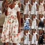 Women Summer Printed Sweet V-neck Short Sleeves Leaf Print Dress