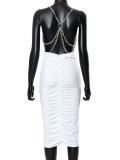 Women Summer White Sexy Halter Chains Sleeveless Solid Backless Midi Dress