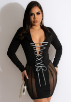 Women Spring Black Sexy V-neck Full Sleeves Solid Bandage Mini Bodycon Dress