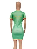 Women Summer Green Causal V-neck Short Sleeves Contrast Knit Stripes Mini Bodycon Dress