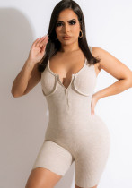 Women Summer Beige Sexy V-neck Sleeveless Solid Skinny Rompers
