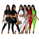 Women Summer Green Sexy Stand Collar Short Sleeves Crop Top Solid Two Piece Pants Set