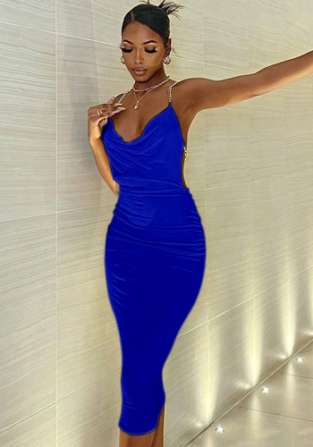 Women Summer Blue Sexy Halter Chains Sleeveless Solid Backless Midi Dress
