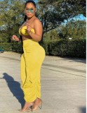 Women Summer Yellow Sexy Crop Top Belted Two Piece Skirt Set