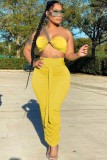 Women Summer Yellow Sexy Crop Top Belted Two Piece Skirt Set