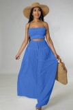 Women Summer Blue Casual Crop Top And Loose Pant Two Piece Set