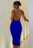 Women Summer Blue Sexy Halter Chains Sleeveless Solid Backless Midi Dress