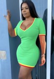 Women Summer Green Causal V-neck Short Sleeves Contrast Knit Stripes Mini Bodycon Dress