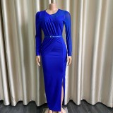 Women Spring Blue Mesh Patch Long Sleeves Slit Evening Dress