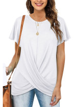 Camiseta larga sólida de manga corta con cuello redondo informal blanca de verano para mujer