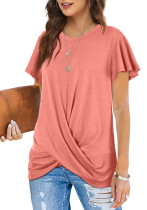 Camiseta larga lisa de manga corta con cuello redondo informal rosa de verano para mujer