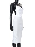 Women Summer White Sexy Halter Chains Sleeveless Solid Backless Midi Dress