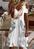 Vestido feminino com estampa de verão doce decote em V manga curta com estampa de folha