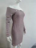 Winter Purple Knitting V-Neck Open Shoulder Sexy Club Dress