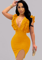 Women Summer Yellow Vintage V-neck Sleeveless Solid Cascading Ruffle Sheath Midi Dress