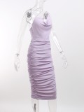 Women Summer Purple Vintage Slash Neck Sleeveless Solid Sequined Pleated Midi Dress
