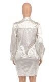 Women Summer White Casual Turn-down Collar Full Sleeves Solid Belted Mini Straight Blouse Dress