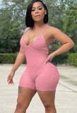 Women Summer Pink Casual V-neck Sleeveless Solid Above Knee Regular Ribbed Rompers