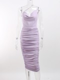 Women Summer Purple Vintage Slash Neck Sleeveless Solid Sequined Pleated Midi Dress