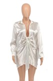 Women Summer White Casual Turn-down Collar Full Sleeves Solid Belted Mini Straight Blouse Dress