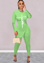 Set di pantaloni a due pezzi skinny strappati a vita alta con maniche lunghe casual verde primavera da donna
