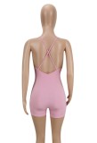 Women Summer Pink Casual V-neck Sleeveless Solid Above Knee Regular Ribbed Rompers