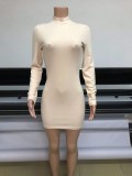 Women Autumn Nude Modest Turtleneck Full Sleeves Solid Mini Sheath Sweater Dresses