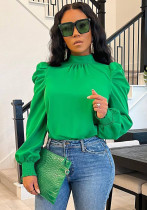 Kadın Bahar Yeşil Vintage Stand Yaka Puf Kol Katı Bağcıklı Normal Gömlek