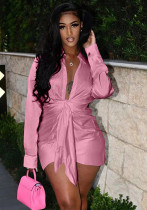 Women Summer Pink Casual Turn-down Collar Full Sleeves Solid Belted Mini Straight Blouse Dress