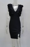 Women Summer Black Vintage V-neck Sleeveless Solid Cascading Ruffle Sheath Midi Dress
