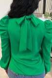 Women Spring Green Vintage Stand Collar Puff Sleeve Solid Lace Up Regular Shirt