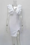 Women Summer White Vintage V-neck Sleeveless Solid Cascading Ruffle Sheath Midi Dress