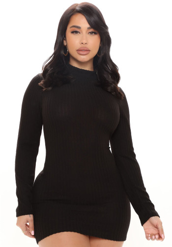 Mujeres otoño negro modesto cuello alto mangas completas sólido mini vaina suéter vestidos