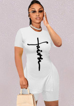 Women Summer White Casual O-Neck Short Sleeves High Waist Letter Print Ripped Regular Two Piece Shorts Set